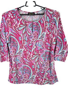 Womens Bob Mackie Wearable Art Pink & Blue Paisley Print Top 3/4 Sleeve Size L